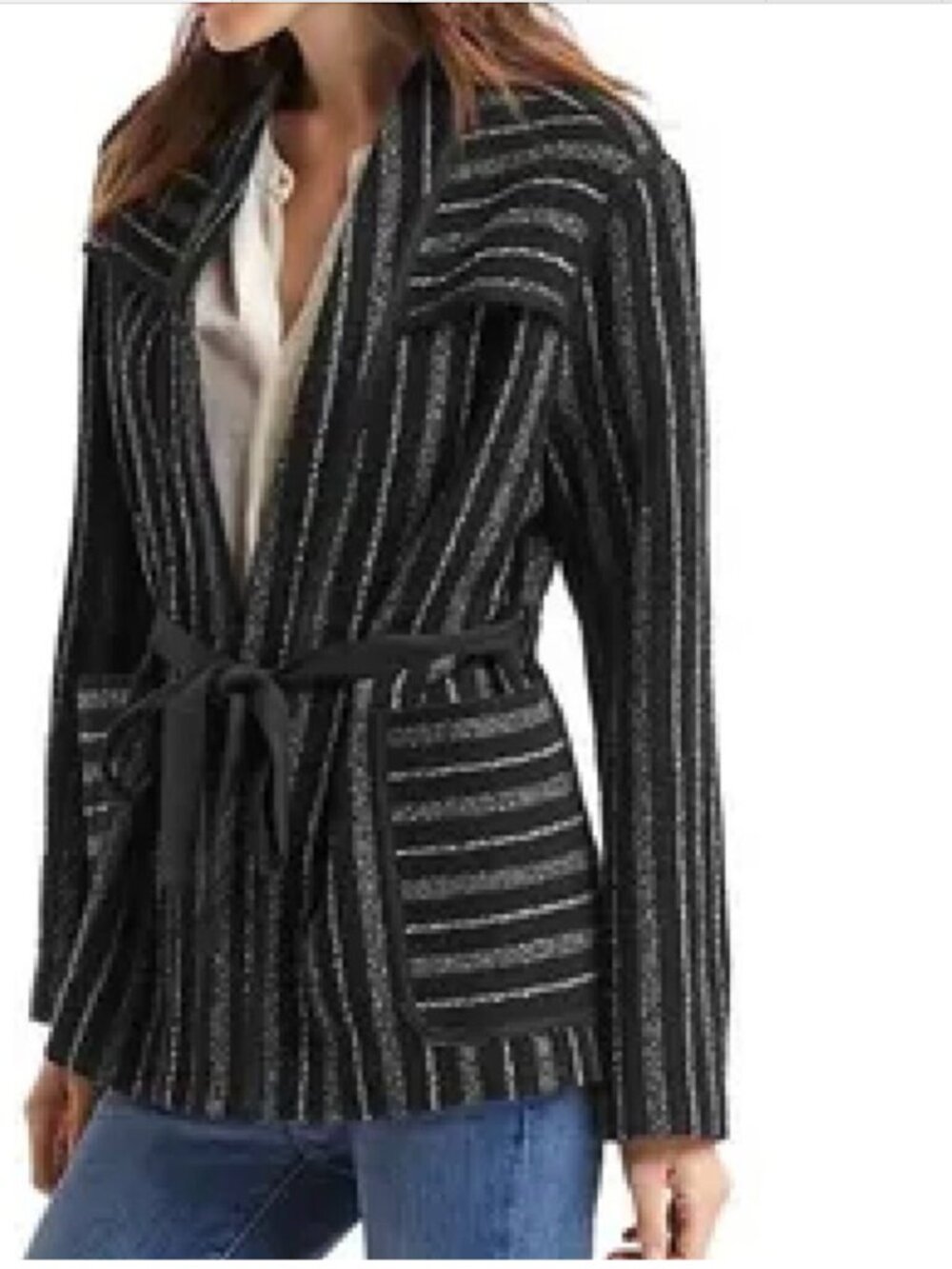 Gap Black White Striped Wool Blend Tweed Belted Short Coat Medium